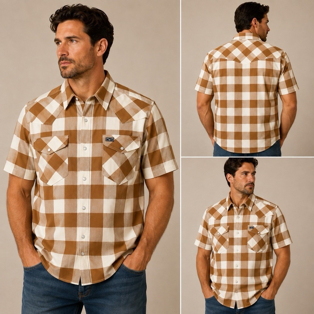 Kimes Ranch Malcom Shirt Men's Large Brown Buffalo Plaid Short Sleeve Pearl Snap